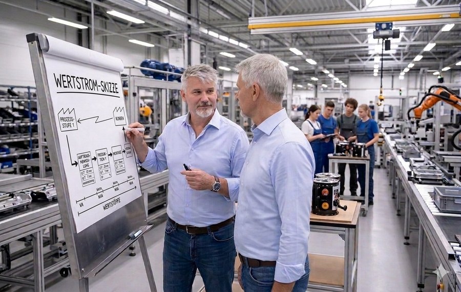 Walter Läderach und Alexander Rose analysieren den Wertstrom am Shopfloor